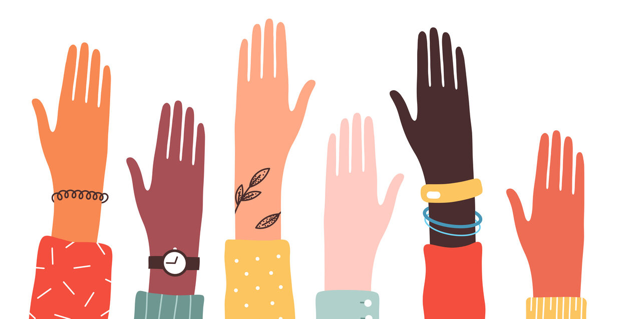Hands of diverse group of people together raised up. Concept of support and cooperation, girl power, social community. Vector illustration